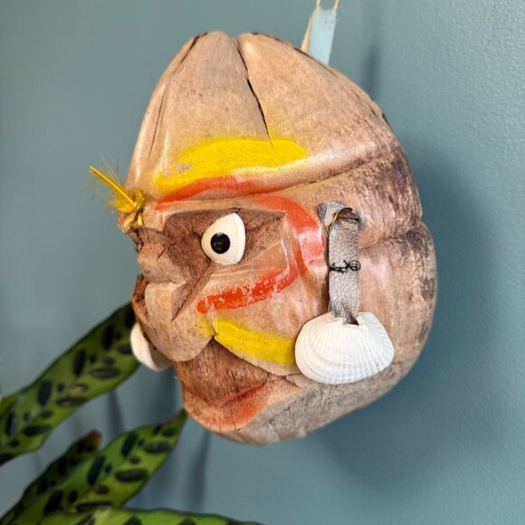 Vintage 60's Hawaiian Pirate Hanging Coconut Head w Shell Earrings Eyes Tiki - Picture 2 of 10